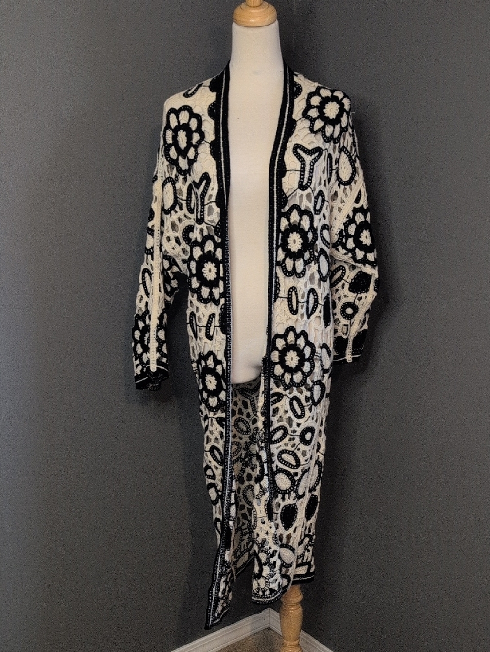 POL Black & Cream Crochet Long Cardigan Sweater